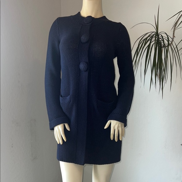 Boden 100% Cotton Chunky Knit Long Cardigan Navy Duster Large Buttons. Size 6.